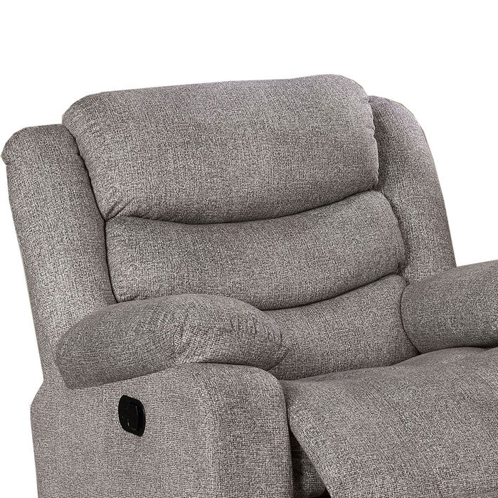 Fabric Upholstered Recliner with Contoured Seat and Padded Arms, Light Gray