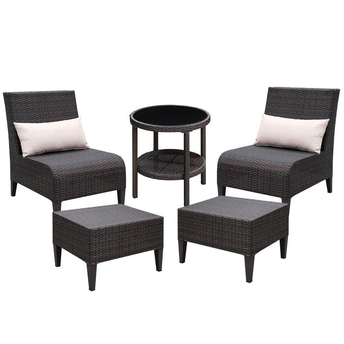 5 Piece Faux Wicker Aluminum Frame Patio Set with Pillow, Brown and Beige