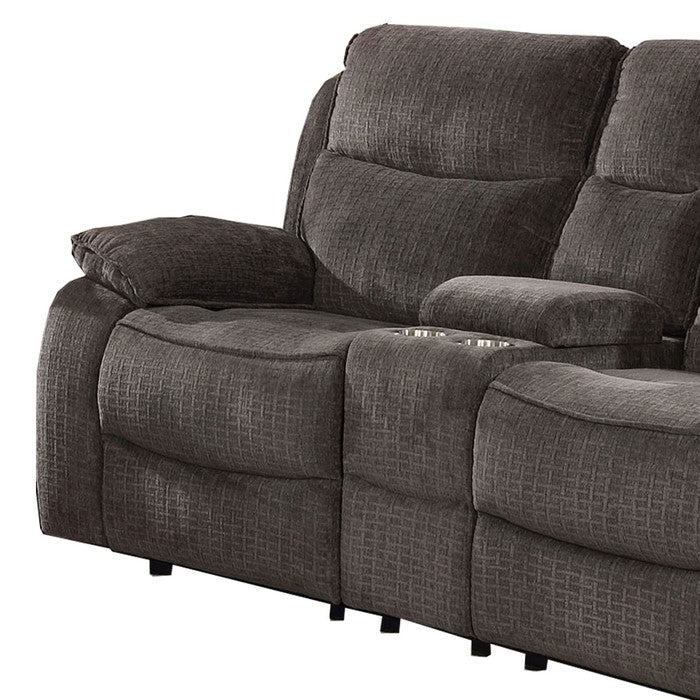 Transitional Recliner Loveseat with Fabric Upholstery and Cupholders, Gray