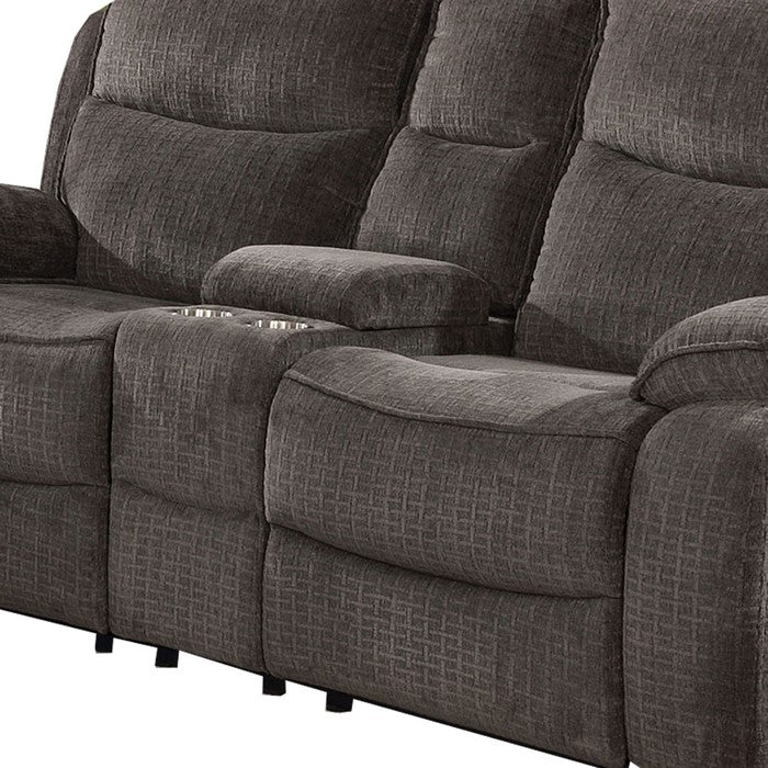 Transitional Recliner Loveseat with Fabric Upholstery and Cupholders, Gray