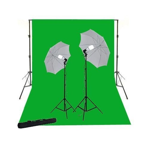 ePhoto K1510x12G 10x12 Foot 800 watt Chromakey Green Screen Kit with Carrying Bag with 2 Light Stands with 32-Inch Umbrella and 105 Watt Bulbs and Support System