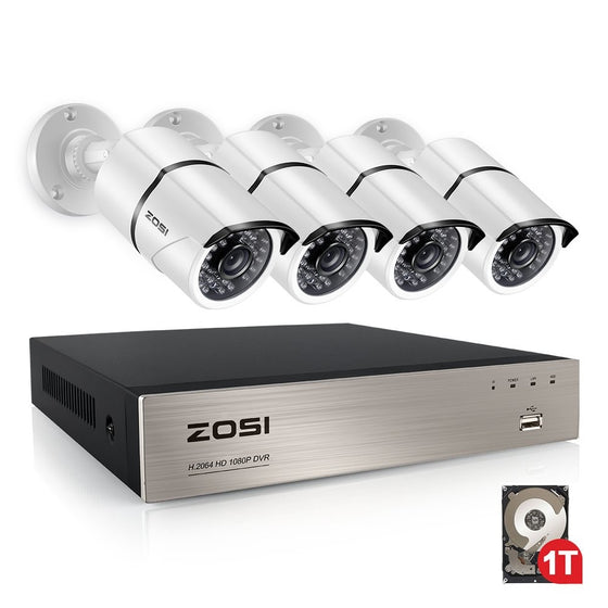 ZOSI 4CH FULL TRUE 1080P Video Security DVR 4X 1080P HD Outdoor Weatherproof Surveillance Camera System 1TB HDD White(100ft night vision, Motion Alert, Smartphone& PC Easy Remote Access)