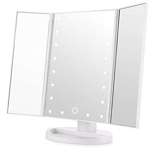 Easehold Led Lighted Vanity Mirror Make Up Tri-Fold with 21Pcs Lights 180 Degree Free Rotation Table Countertop Cosmetic Bathroom Mirror(White)