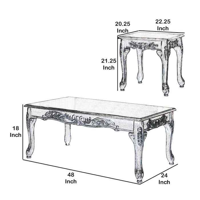 3 Piece Table Set with Cabriole Legs and Wooden Floral Motifs, Gray