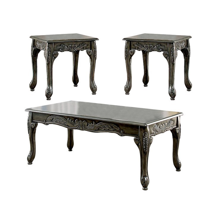 3 Piece Table Set with Cabriole Legs and Wooden Floral Motifs, Gray