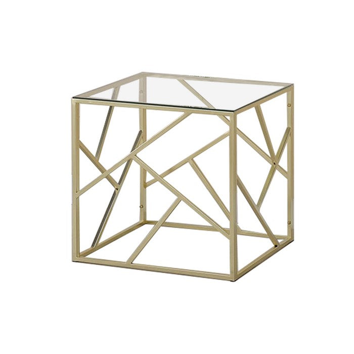 Industrial 3 Piece Table Set with Open Geometric Base, Clear and Gold
