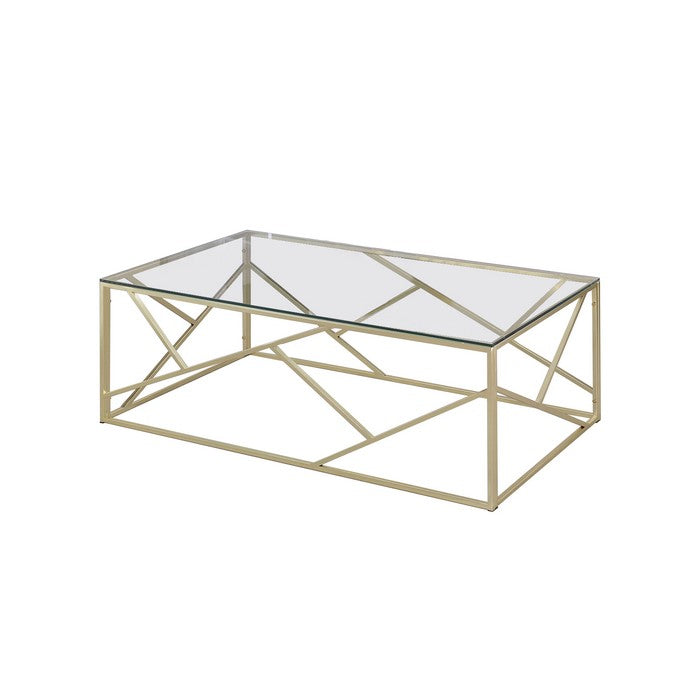 Industrial 3 Piece Table Set with Open Geometric Base, Clear and Gold