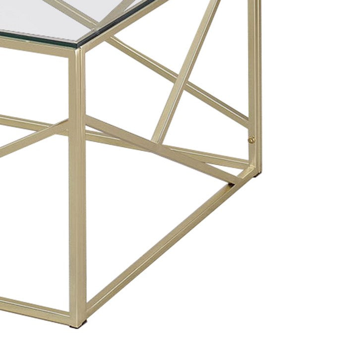 Industrial 3 Piece Table Set with Open Geometric Base, Clear and Gold
