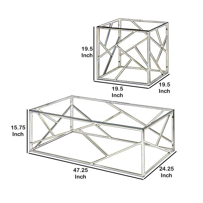 Industrial 3 Piece Table Set with Open Geometric Base, Clear and Gold