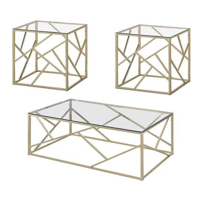 Industrial 3 Piece Table Set with Open Geometric Base, Clear and Gold