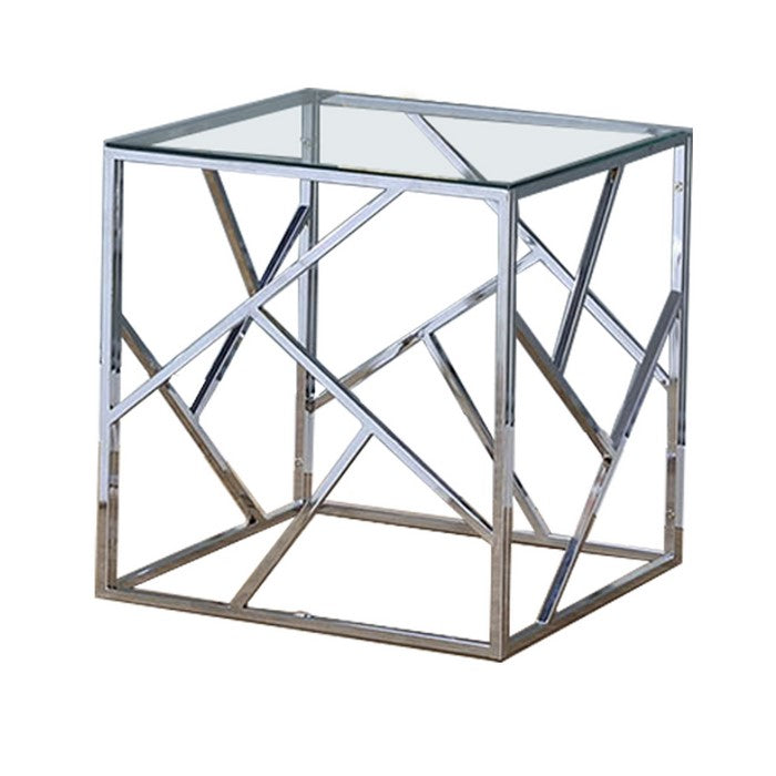 Industrial 3 Piece Table Set with Open Geometric Base, Clear and Silver