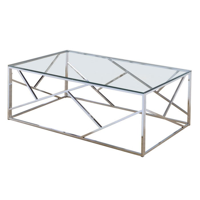 Industrial 3 Piece Table Set with Open Geometric Base, Clear and Silver