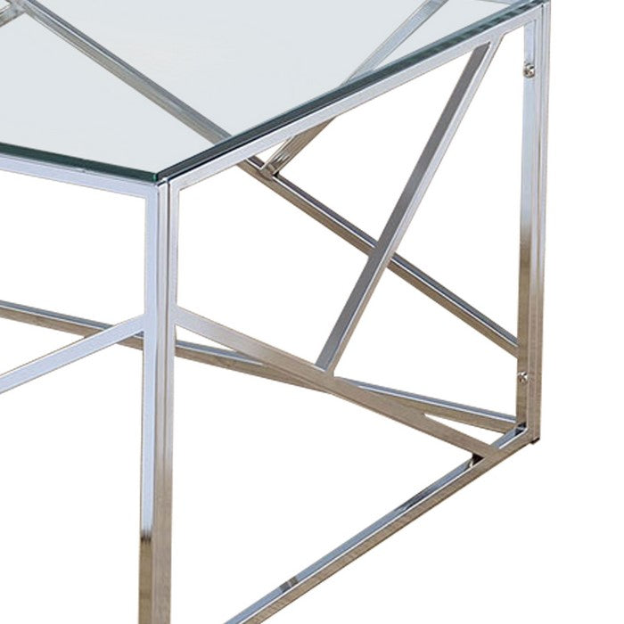 Industrial 3 Piece Table Set with Open Geometric Base, Clear and Silver