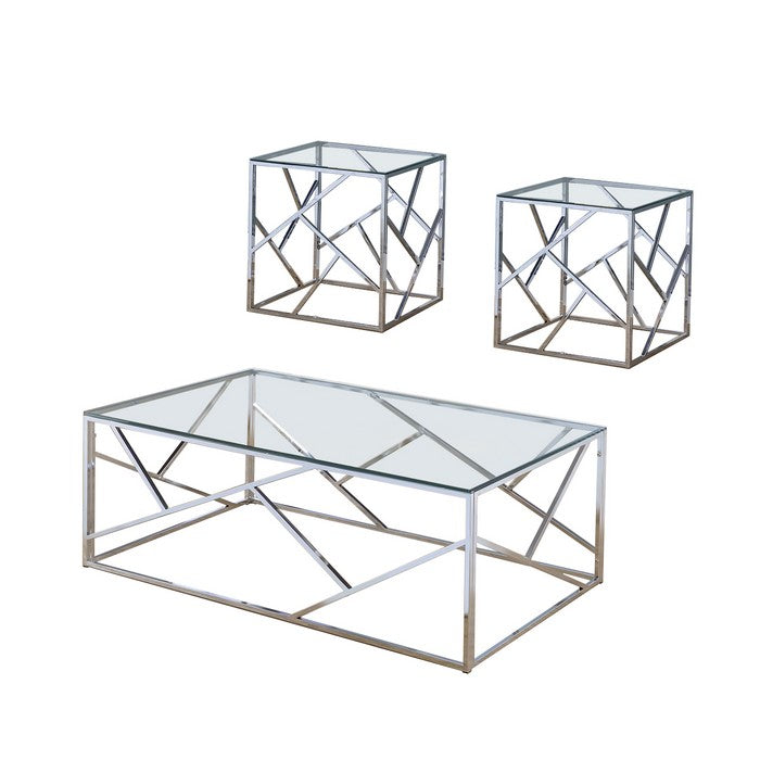 Industrial 3 Piece Table Set with Open Geometric Base, Clear and Silver