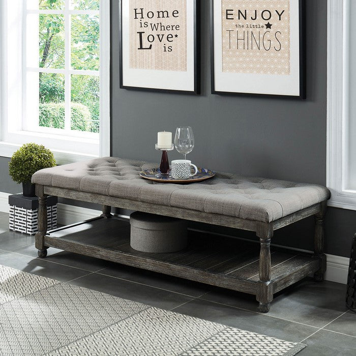 Fabric Upholstered Bench with Button Tufted Seat and Bottom shelf, Gray