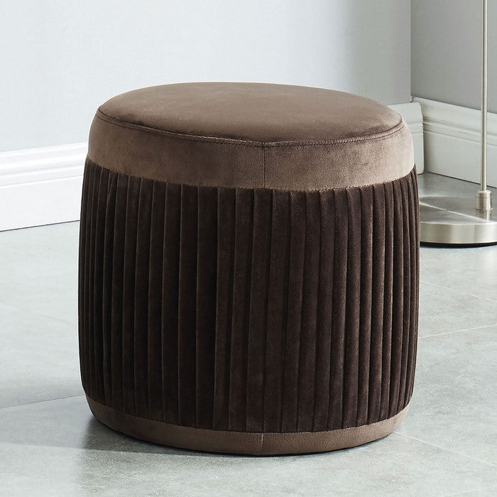Flannelette Upholstered Round Ottoman with Pleated Sides, Small, Brown