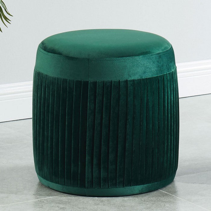 Flannelette Upholstered Round Ottoman with Pleated Sides, Small, Green