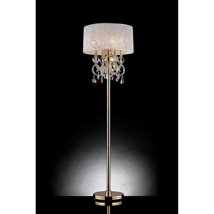 Chandelier Floor Lamp with Hanging Crystals and Floral Pattern Shade, Gold