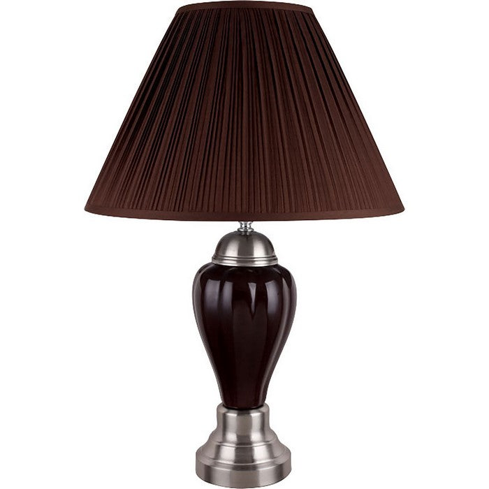 Ceramic Pedestal Base Table Lamp with Pleated Empire Shade,Brown and silver