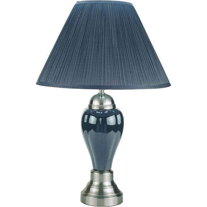 Ceramic Pedestal Base Table Lamp with Pleated Empire Shade, Blue and silver