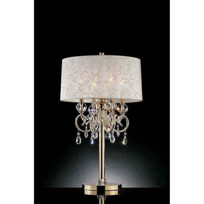 Chandelier Table Lamp with Hanging Crystals and Floral Pattern Shade, Gold