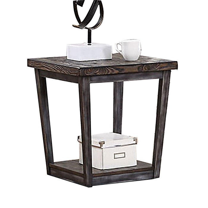 Plank Top Wooden End Table with Open Bottom Shelf, Dark Oak