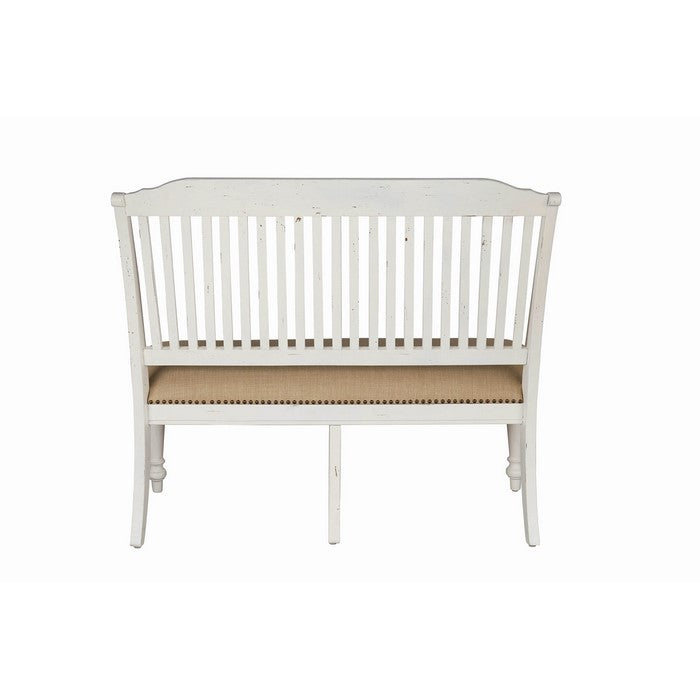 Farmhouse Style Wooden Bench with Slatted Back, White and Brown