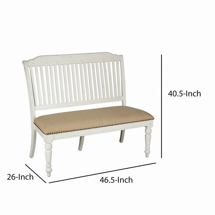 Farmhouse Style Wooden Bench with Slatted Back, White and Brown