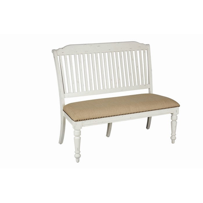 Farmhouse Style Wooden Bench with Slatted Back, White and Brown