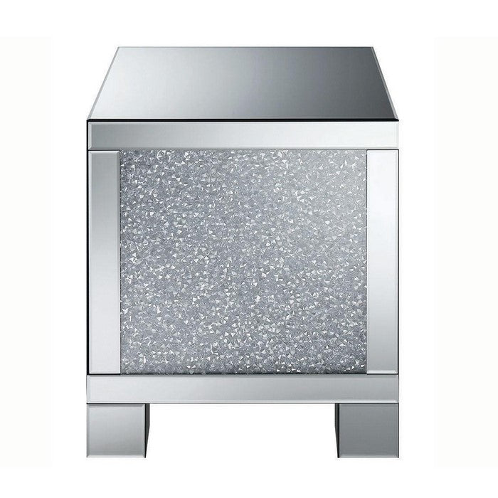 Wooden End Table with Infused Crystals on Mirrored Panel, Silver and Clear