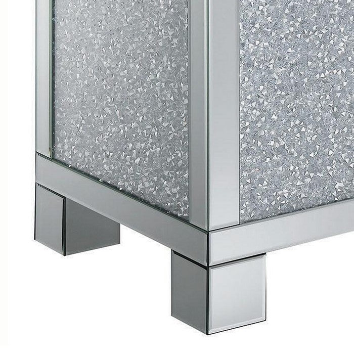 Wooden End Table with Infused Crystals on Mirrored Panel, Silver and Clear