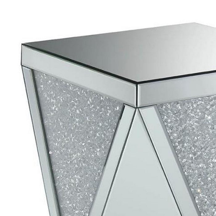 Wooden End Table with Triangular Infused Crystal Details, Silver and Clear