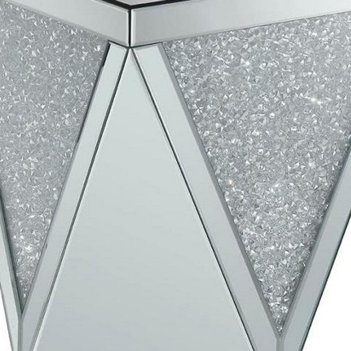 Wooden End Table with Triangular Infused Crystal Details, Silver and Clear