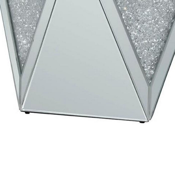Wooden End Table with Triangular Infused Crystal Details, Silver and Clear