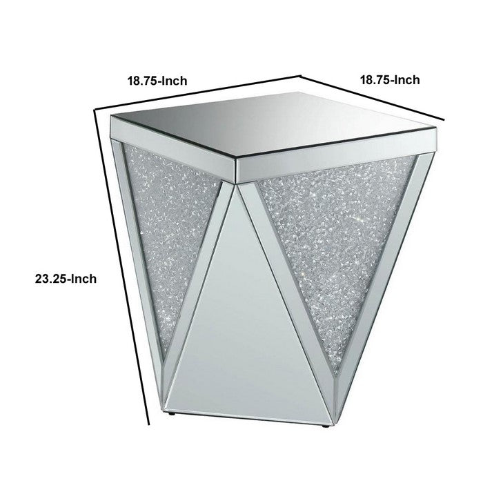 Wooden End Table with Triangular Infused Crystal Details, Silver and Clear