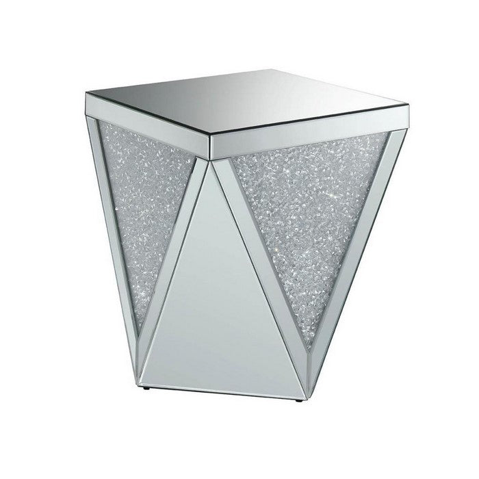 Wooden End Table with Triangular Infused Crystal Details, Silver and Clear