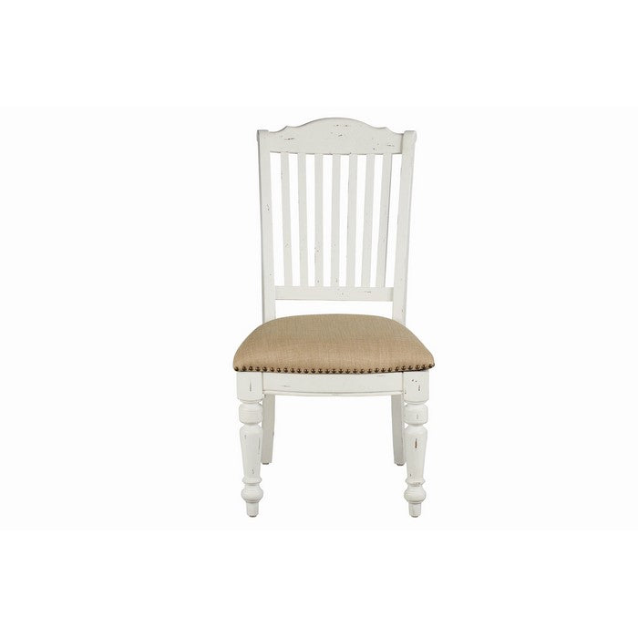 Farmhouse Style Wooden Side Chair with Slated Back, White and Brown