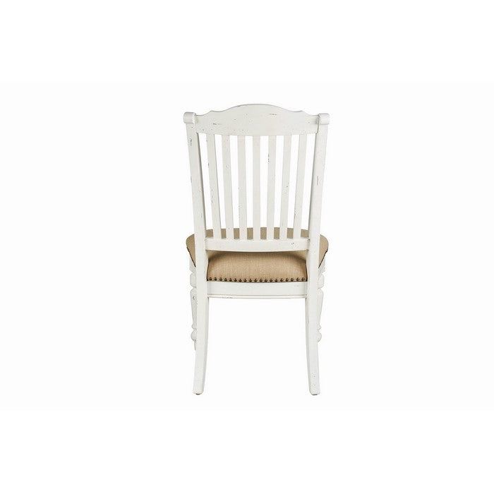 Farmhouse Style Wooden Side Chair with Slated Back, White and Brown