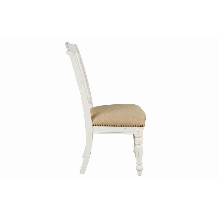 Farmhouse Style Wooden Side Chair with Slated Back, White and Brown