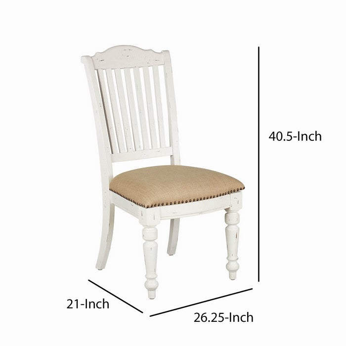Farmhouse Style Wooden Side Chair with Slated Back, White and Brown