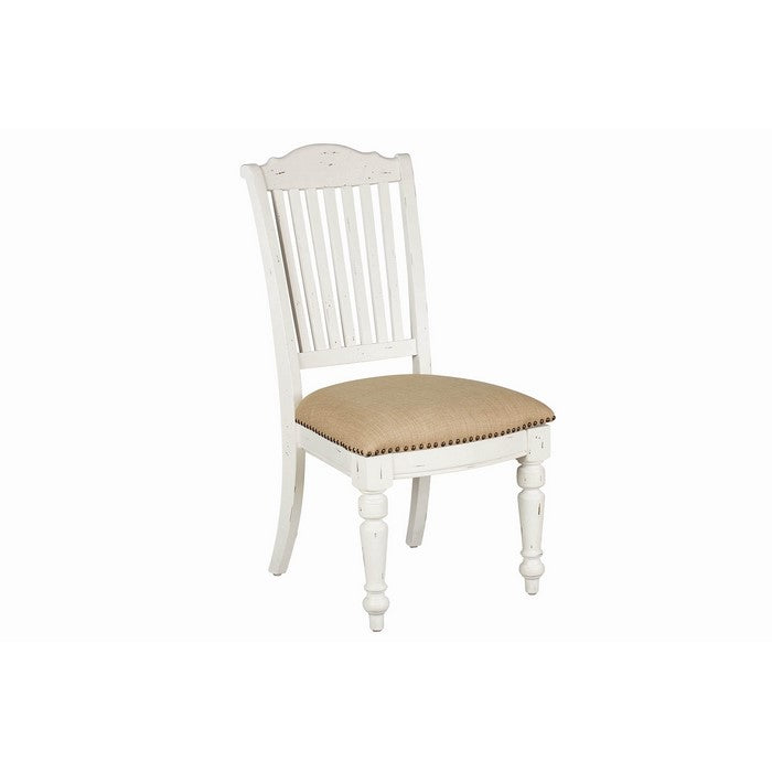 Farmhouse Style Wooden Side Chair with Slated Back, White and Brown