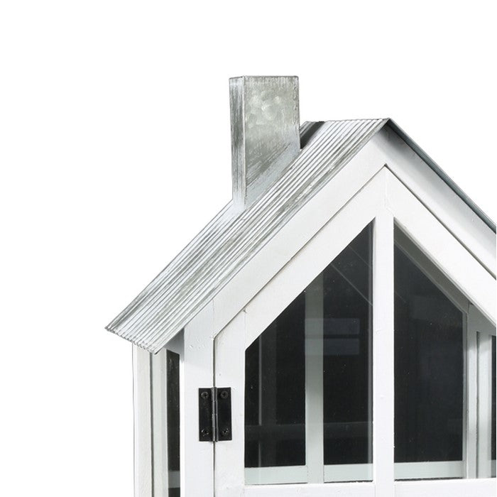 Wooden Lantern with House Type Design and Side Glass Panes, Set of 2, White