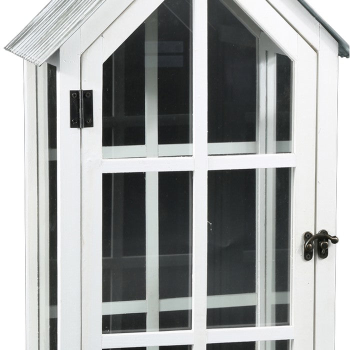 Wooden Lantern with House Type Design and Side Glass Panes, Set of 2, White