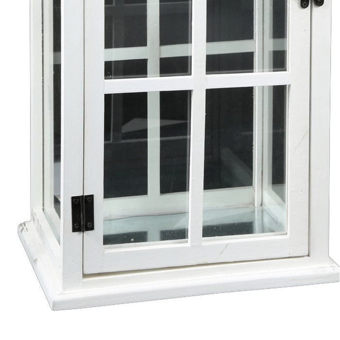 Wooden Lantern with House Type Design and Side Glass Panes, Set of 2, White
