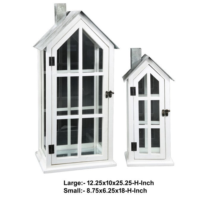 Wooden Lantern with House Type Design and Side Glass Panes, Set of 2, White