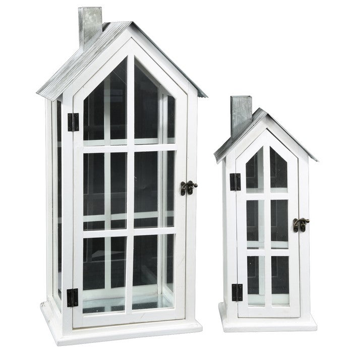 Wooden Lantern with House Type Design and Side Glass Panes, Set of 2, White