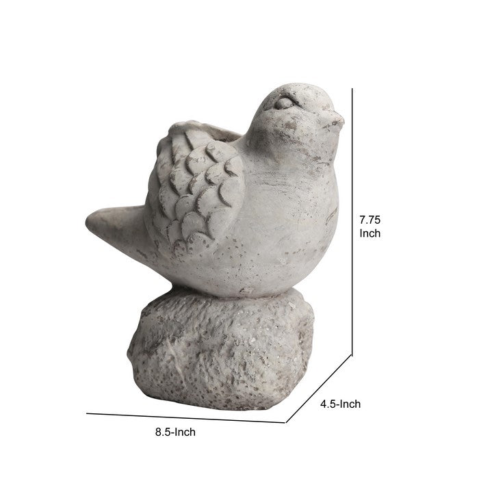 Cement Bird Figurine Sitting on a Hollow Rock, Large, Distressed Gray