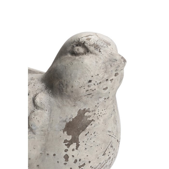 Cement Bird Figurine Sitting on a Hollow Rock, Small, Distressed Gray