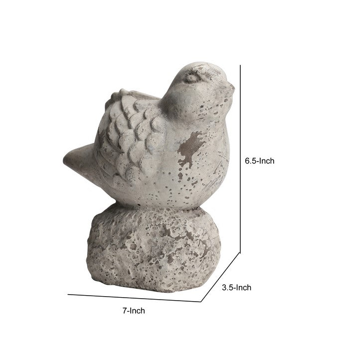 Cement Bird Figurine Sitting on a Hollow Rock, Small, Distressed Gray
