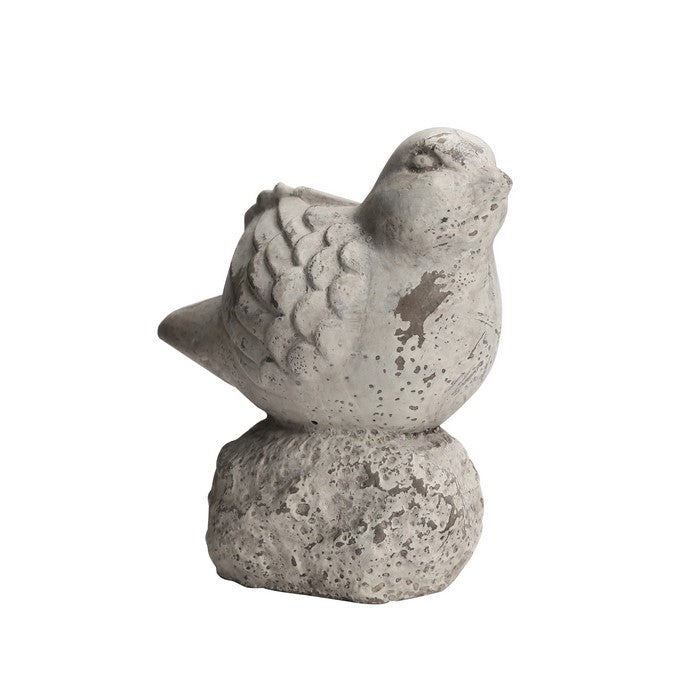 Cement Bird Figurine Sitting on a Hollow Rock, Small, Distressed Gray